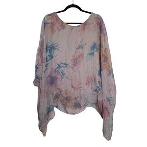 H TREND Italy Silk Floral Print Oversized Dolman Sleeve Blouse Taupe One Size